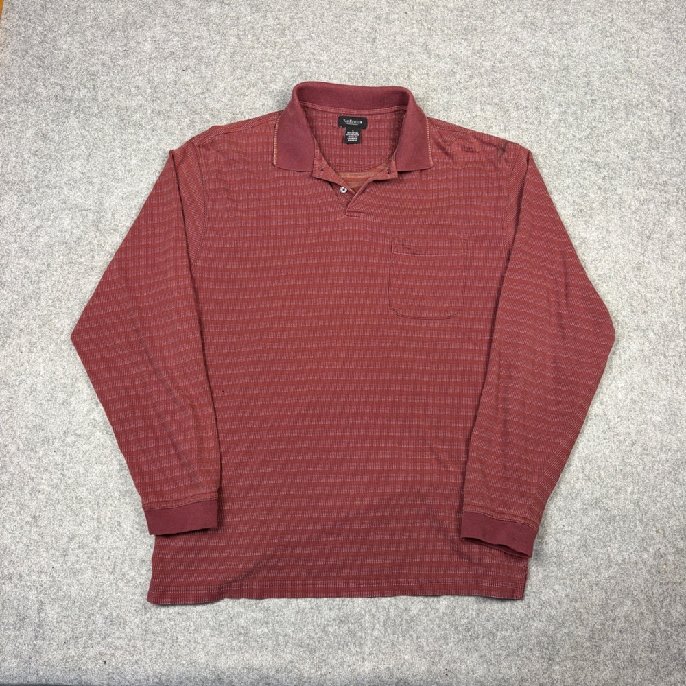 Van Heusen Mens Long Sleeve Polo Shirt Red Striped Large Pocket Cotton Blend